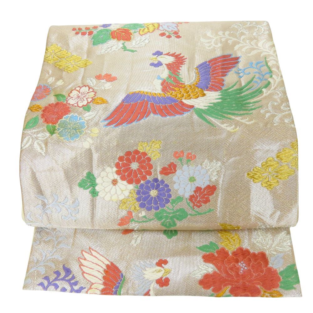 中古】 袋帯 正絹(金銀糸除く) シャンパンゴールド マルチカラー 鳳凰