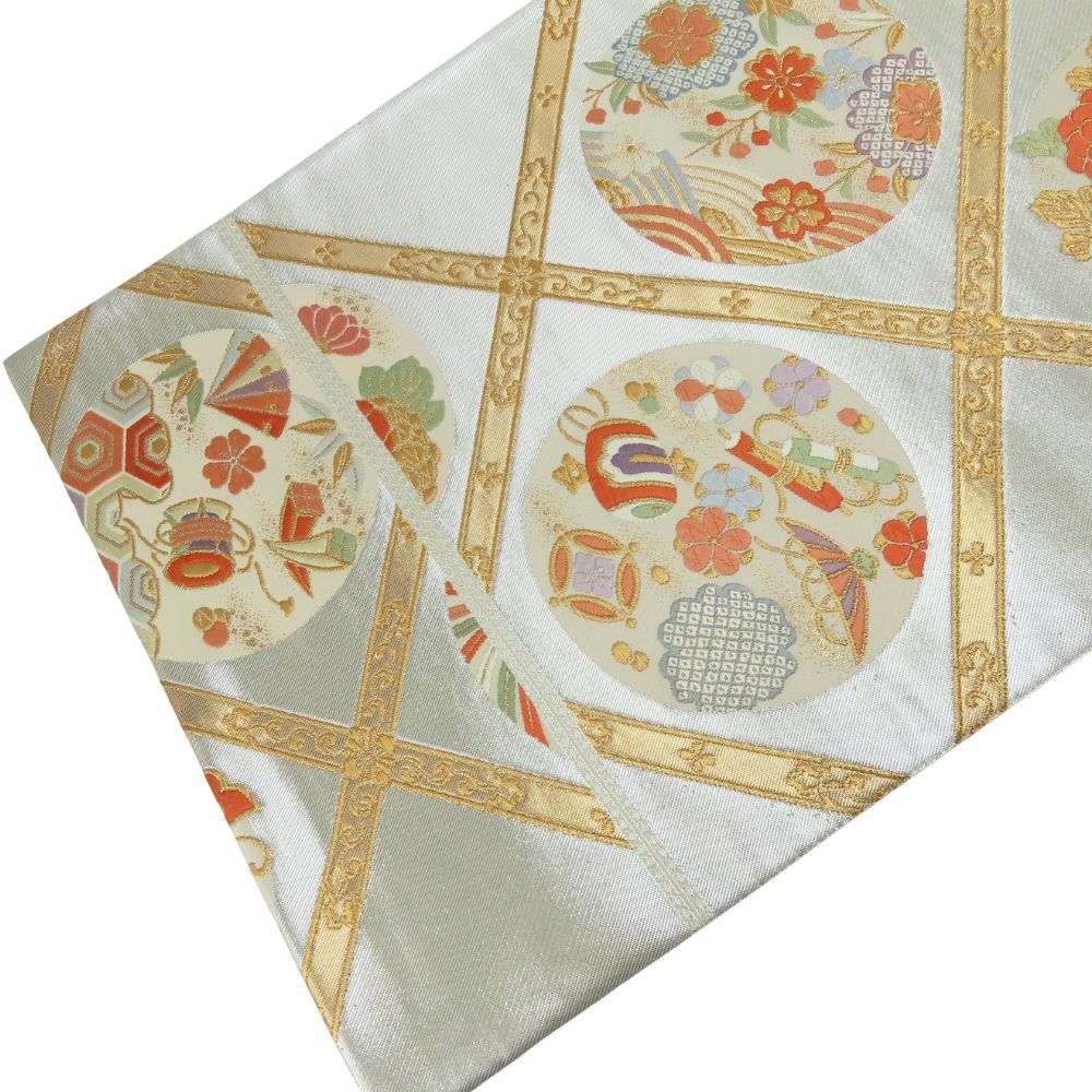 中古】 袋帯 六通柄 格天井文様 正絹(金銀糸除く) シルバー ゴールド