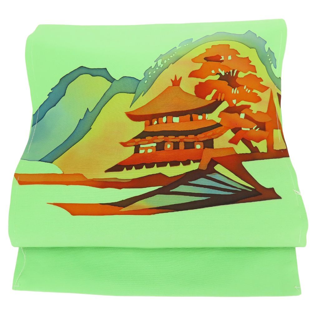 中古 名古屋帯 正絹(金銀糸除く) グリーン 風景柄 お洒落 和装 呉服 和服 きもの レディース 女性 中古】 名古屋帯 正絹(金銀糸除く) グリーン 風景柄 お洒落 和装 呉服