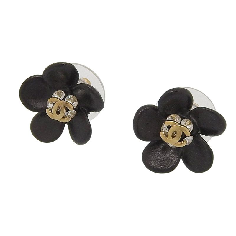 シャネル CHANEL ココマーク フラワー ラインストーン ピアス ブラック