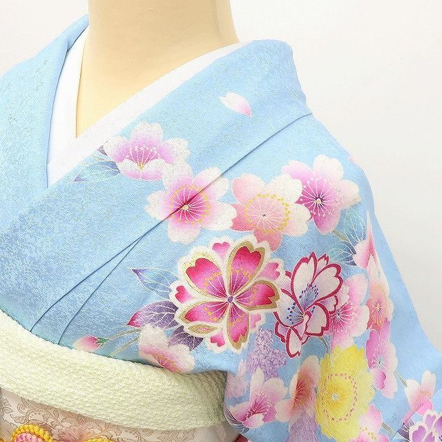 百華❀Y4027◇美品 正絹 銀通し 手縫い仕立て 成人式 桜 八重桜 振袖