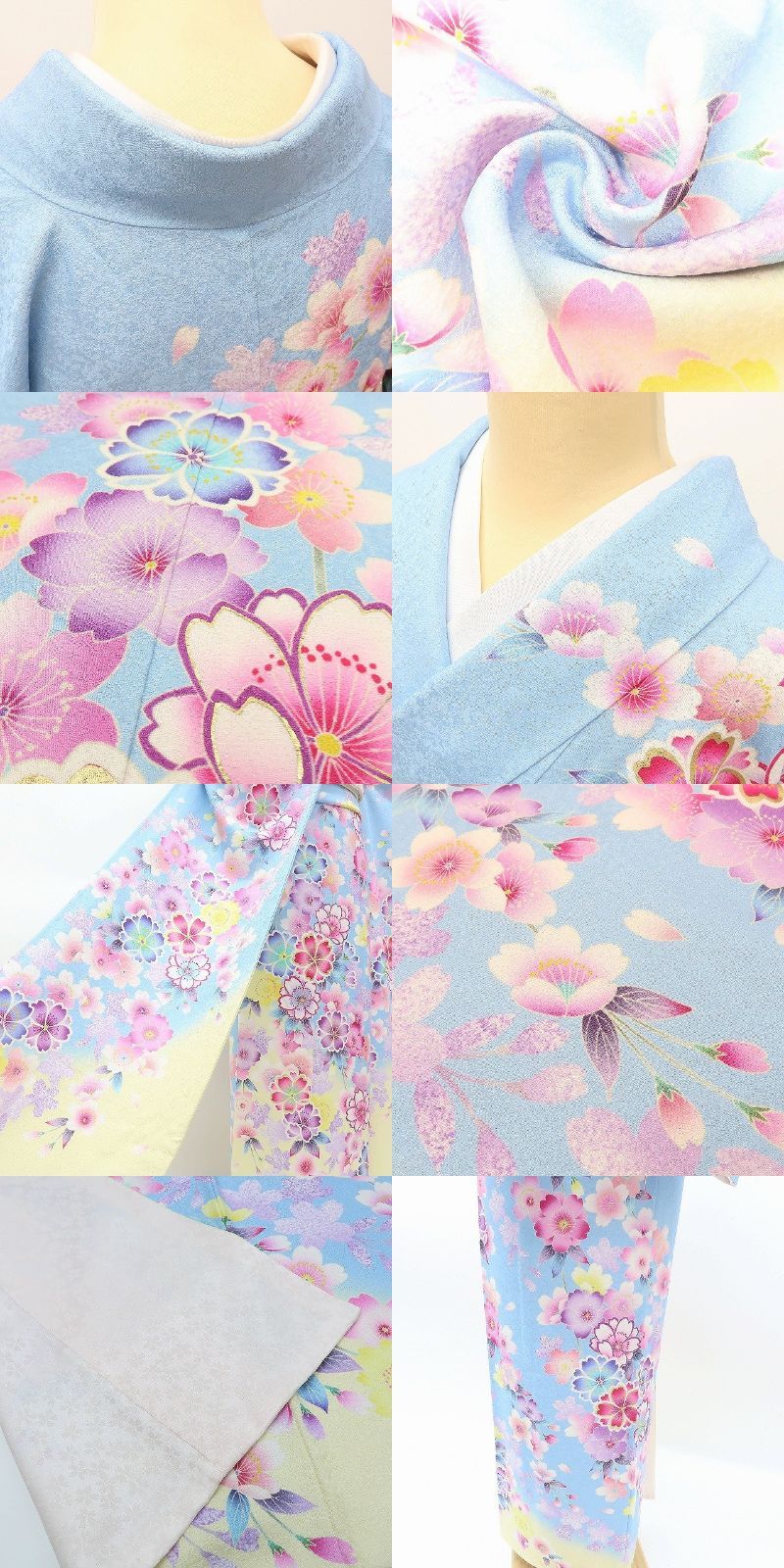 百華❀Y4027◇美品 正絹 銀通し 手縫い仕立て 成人式 桜 八重桜 振袖