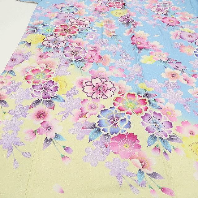 百華❀Y4027◇美品 正絹 銀通し 手縫い仕立て 成人式 桜 八重桜 振袖