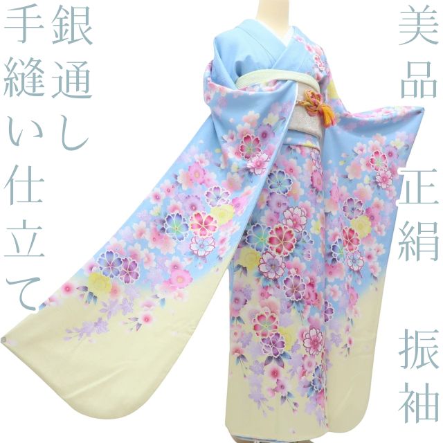 百華❀Y4027◇美品 正絹 銀通し 手縫い仕立て 成人式 桜 八重桜 振袖