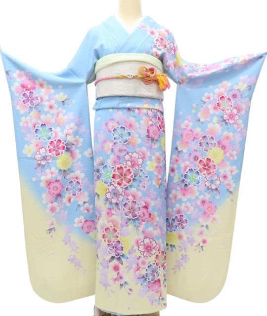 百華❀Y4027◇美品 正絹 銀通し 手縫い仕立て 成人式 桜 八重桜 振袖