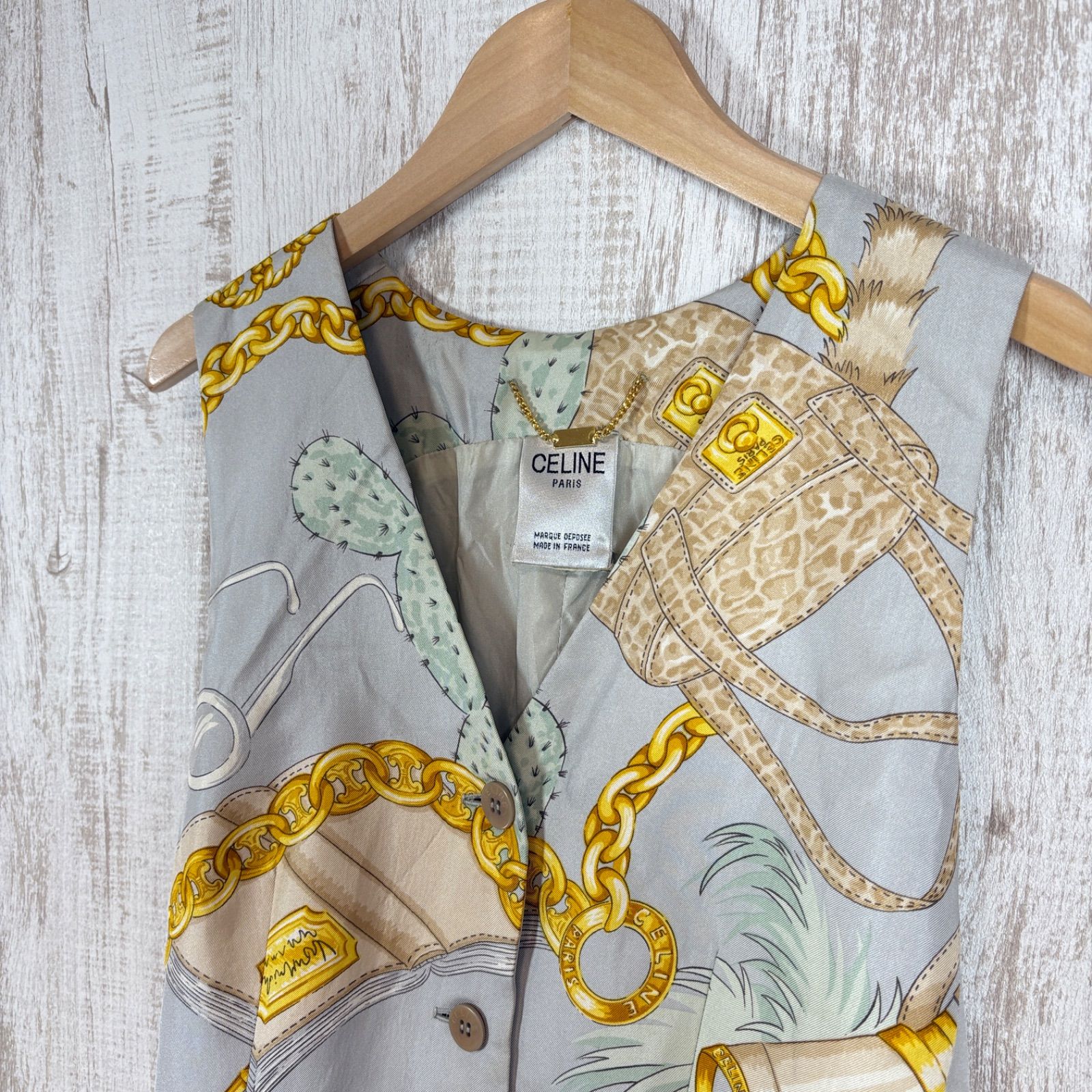 90s CELINE ヴィンテージ セリーヌ チェーン 総柄 シルク ベスト ジレ