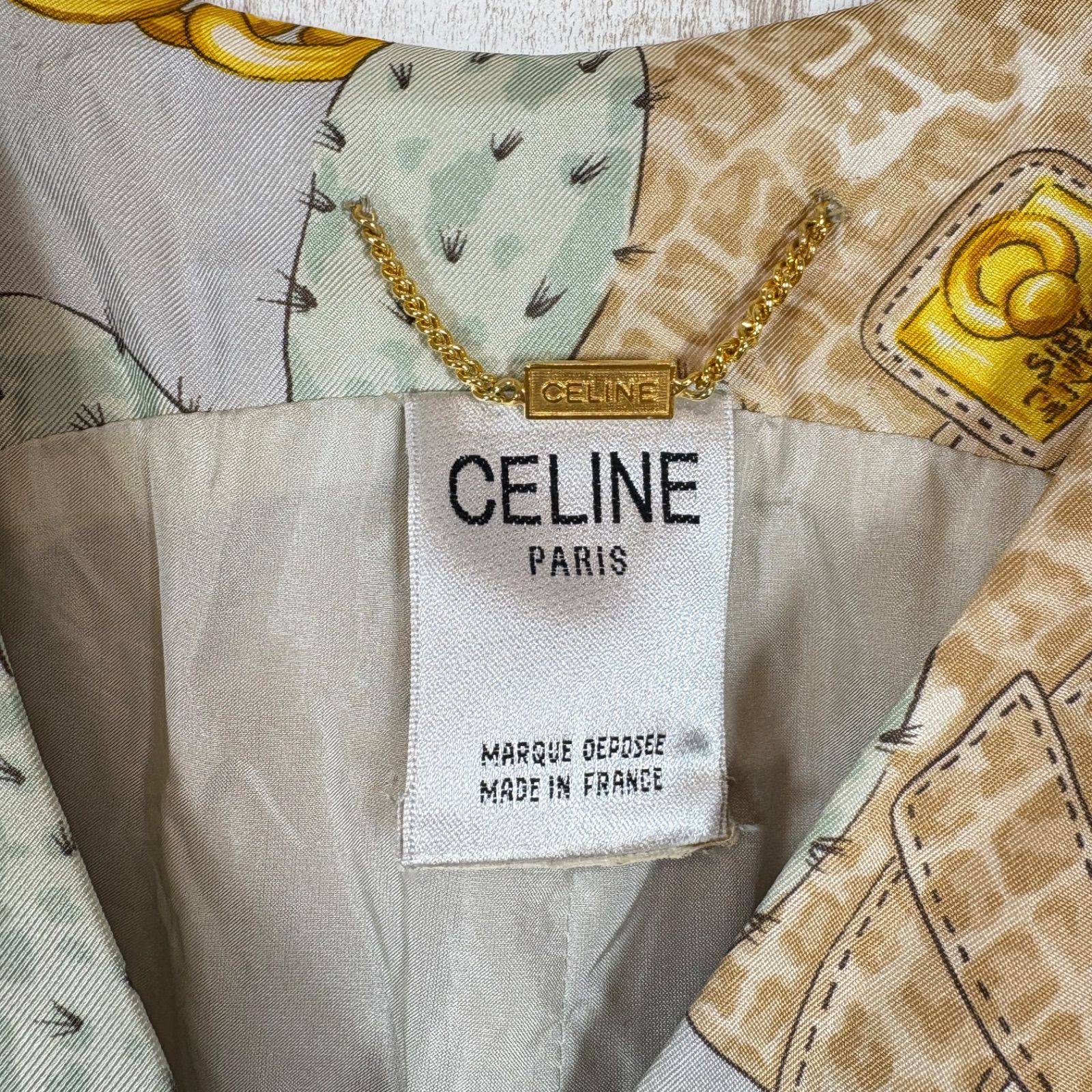 希少 CELINE チェーン 総柄 ヴィンテージ ジャケット ショート丈 短丈 90s CELINE ヴィンテージ セリーヌ チェーン 総柄 シルク ベスト ジレ