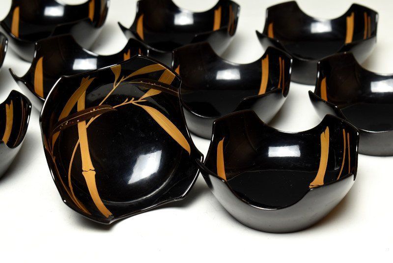 蔵A3286g】輪島塗 黒塗蒔絵截金笹文 向付 小鉢 十客 - メルカリ