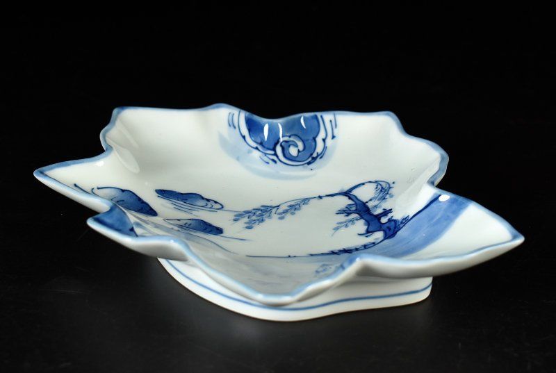 華山造 染付山水図 葉形皿 平向付皿 五客 共