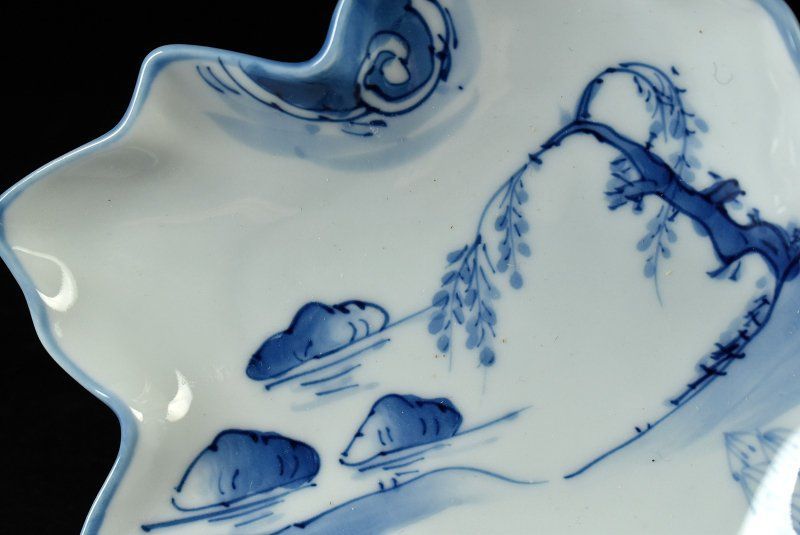 華山造 染付山水図 葉形皿 平向付皿 五客 共