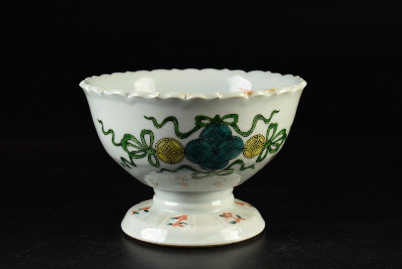 蔵A3258f】栗生屋 加陽庵 六世中村東洸 赤絵呉須七宝文輪花鉢 共箱