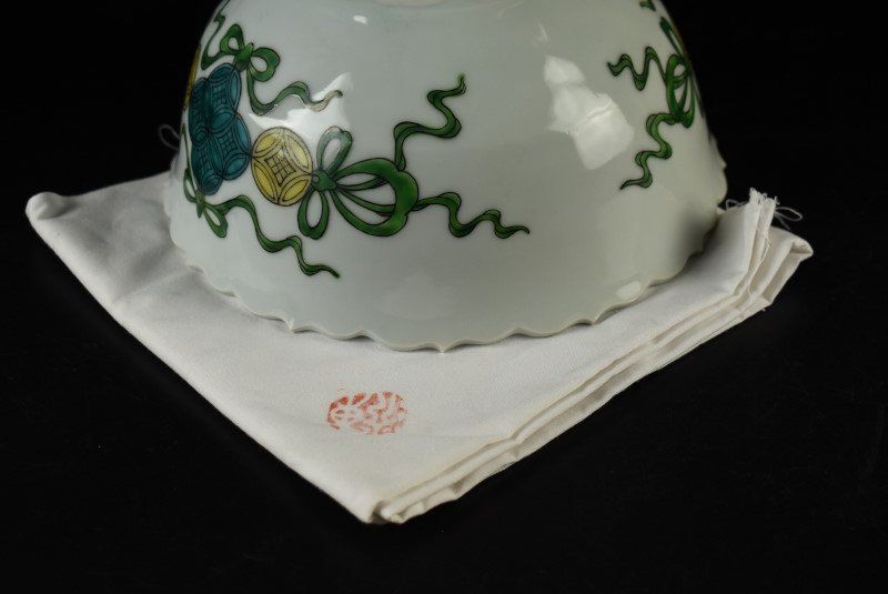 蔵A3258f】栗生屋 加陽庵 六世中村東洸 赤絵呉須七宝文輪花鉢 共箱