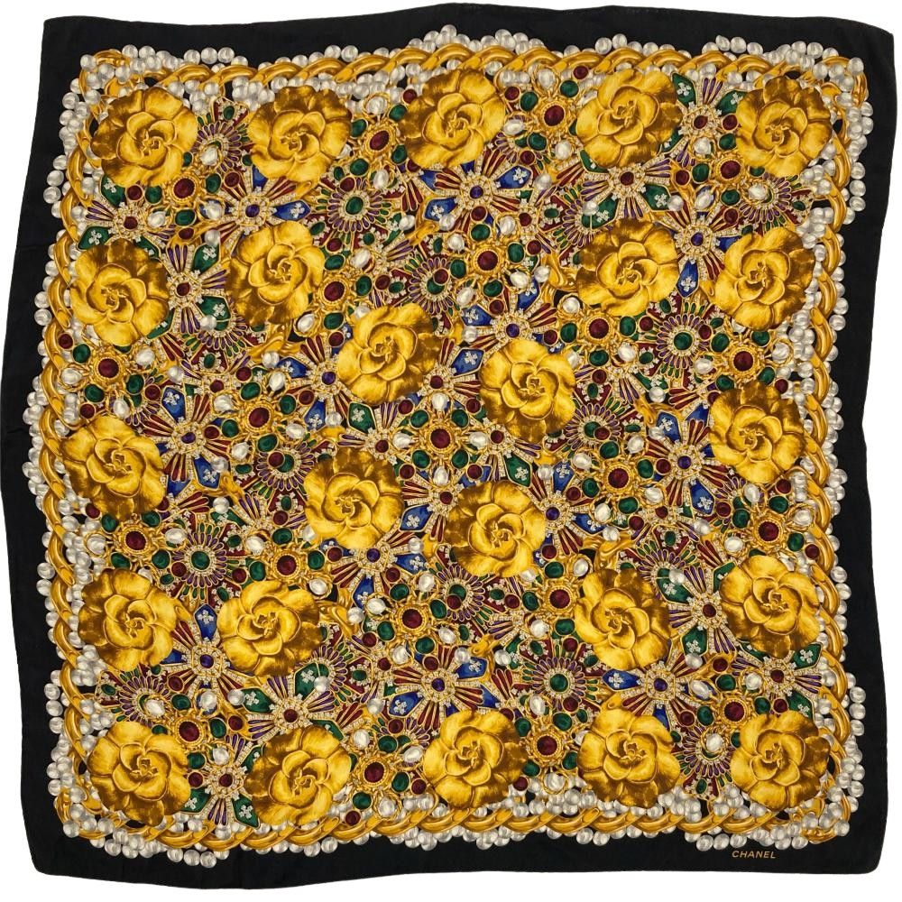 シャネル CHANEL グリポア スカーフ ブラック 総柄 カメリア 90cm