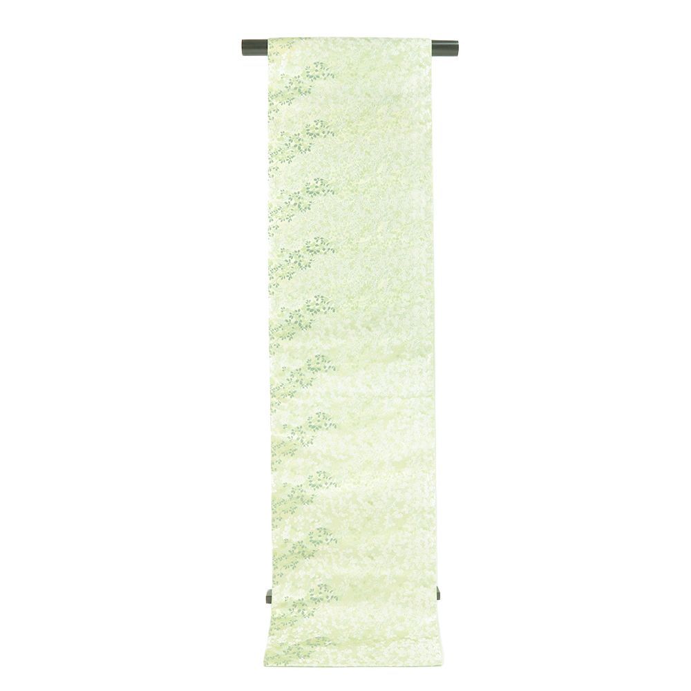 【名古屋帯】未使用品/やさしい縞に咲く牡丹と萩✾刺繍/グレー/八寸/374cm 袋帯 中古 西陣 とみや 黄緑 萩 正絹 引箔 仕立て上がり リサイクル 帯