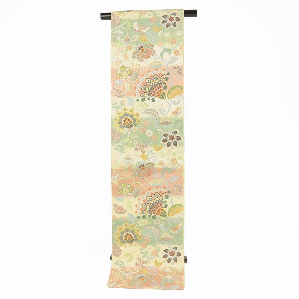 新品未使用 袋帯 西陣織 唐織 正絹 草花文様 ベージュ地 袋帯 正絹 藤原織物 極上の唐織 ベージュ ピンク 緑 横段 花 蝶 花唐草