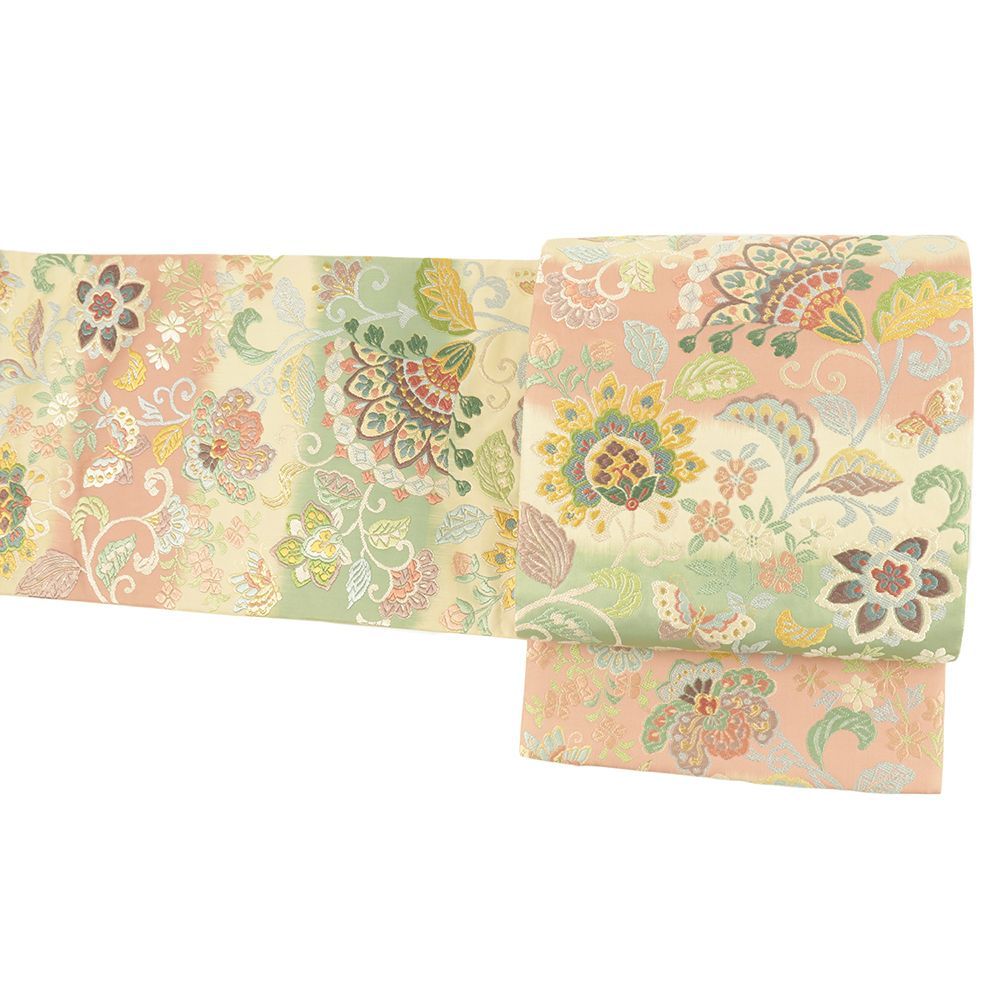 袋帯 正絹 藤原織物 極上の唐織 ベージュ ピンク 緑 横段 花 蝶 花唐草