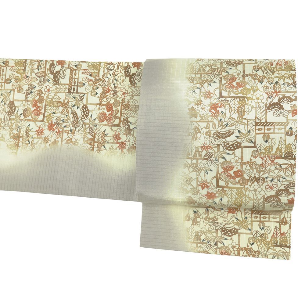 袋帯 正絹 中古 全通 紅型染 紬 ベージュ 松竹梅 紅葉 リサイクル 洒落