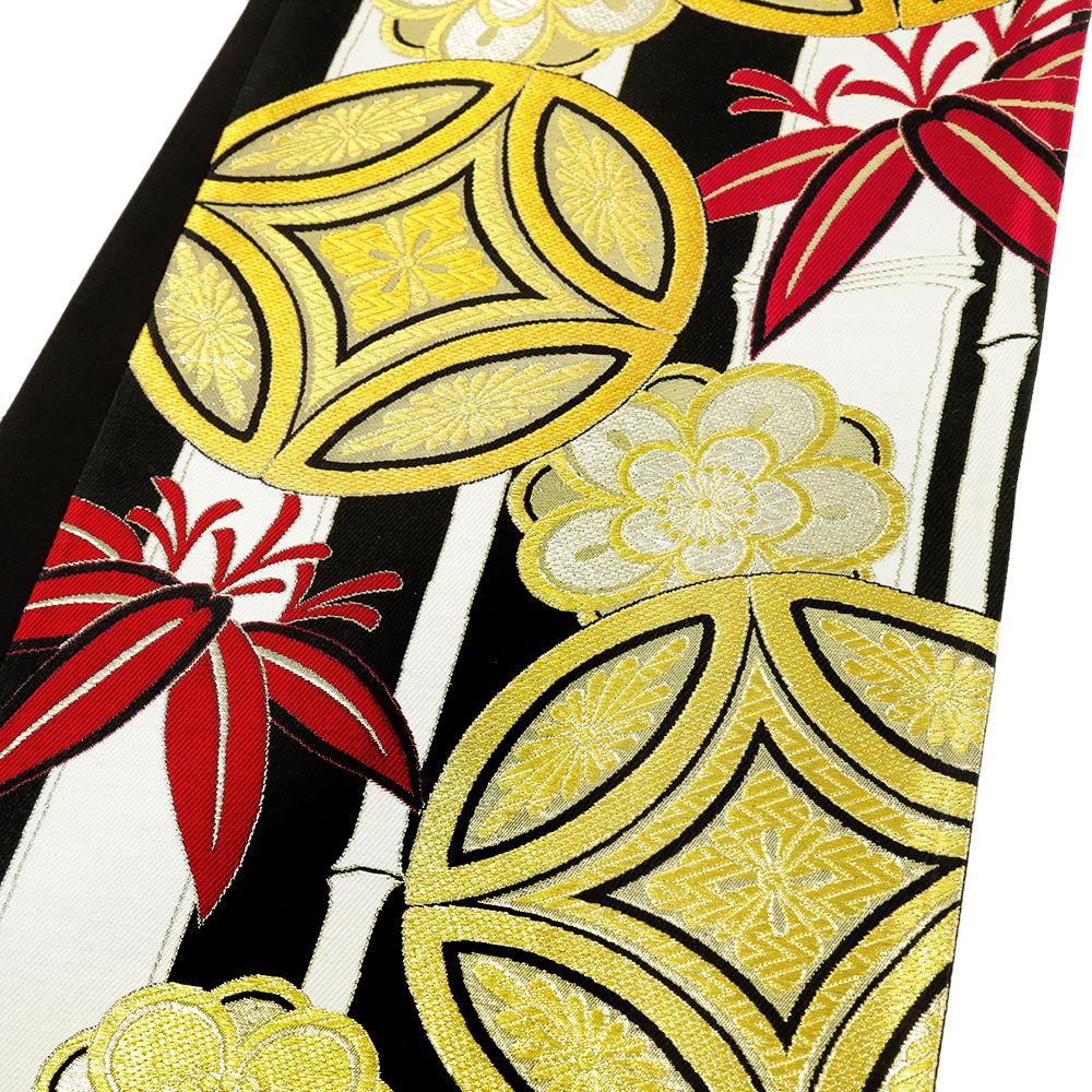 袋帯 振袖用 中古 黒 七宝 竹 梅 花菱 正絹 帯 リサイクル 礼装用