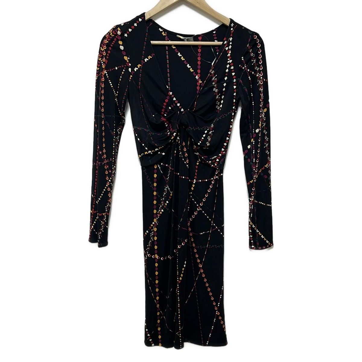 ISSA(イッサロンドン) ワンピース サイズ4 XL レディース - 黒×レッド×マルチ Vネック/長袖/ひざ丈/リボン