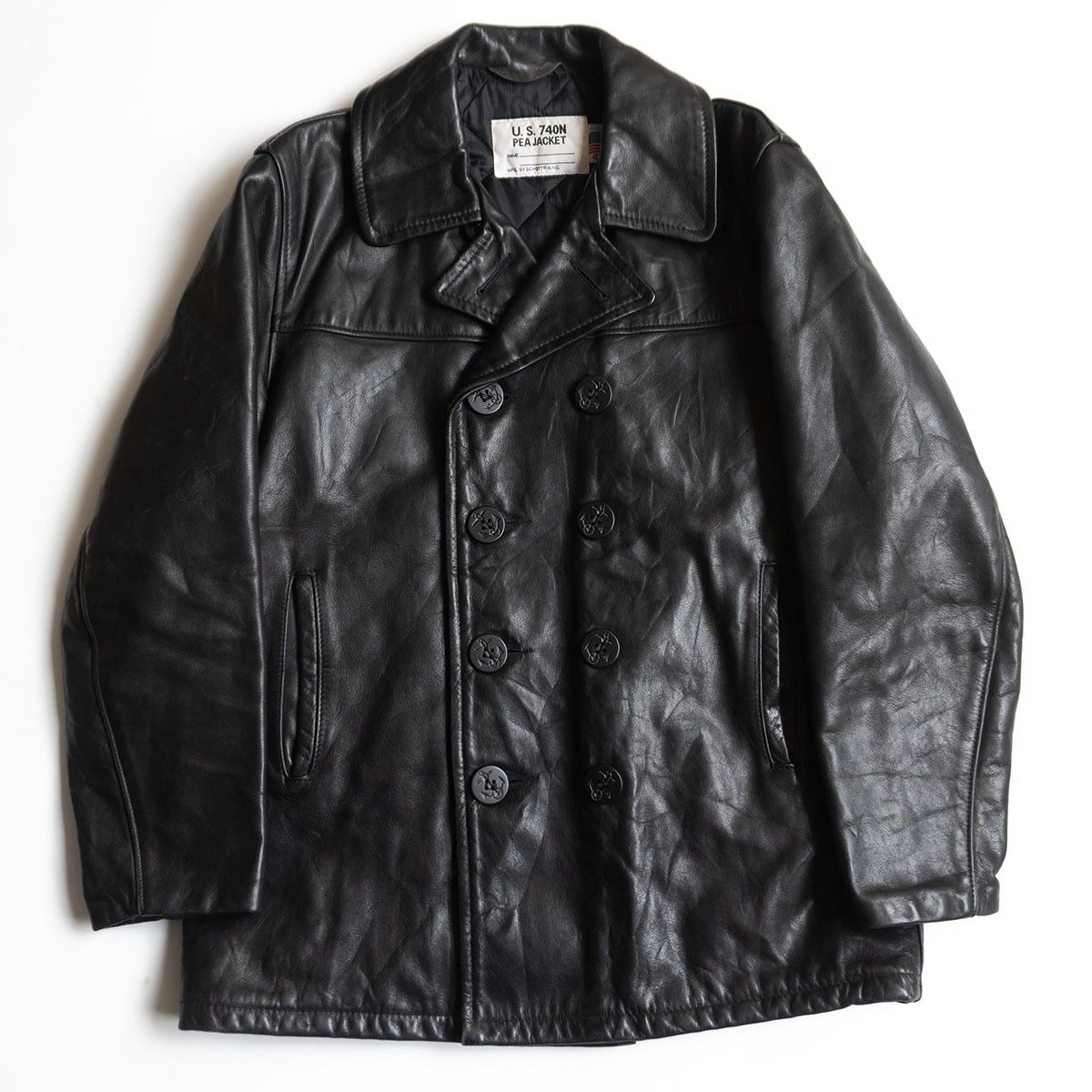 雰囲気抜群】SCHOTT【レザー ピーコート】40 ブラック レザー アメリカ