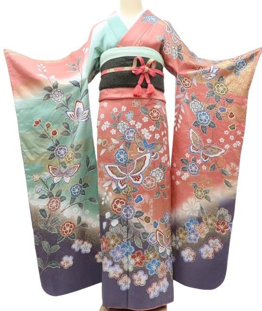 百華❀Y4031◇美品 正絹 作家物落款 絞り 手縫い仕立て 成人式 蝶 桜