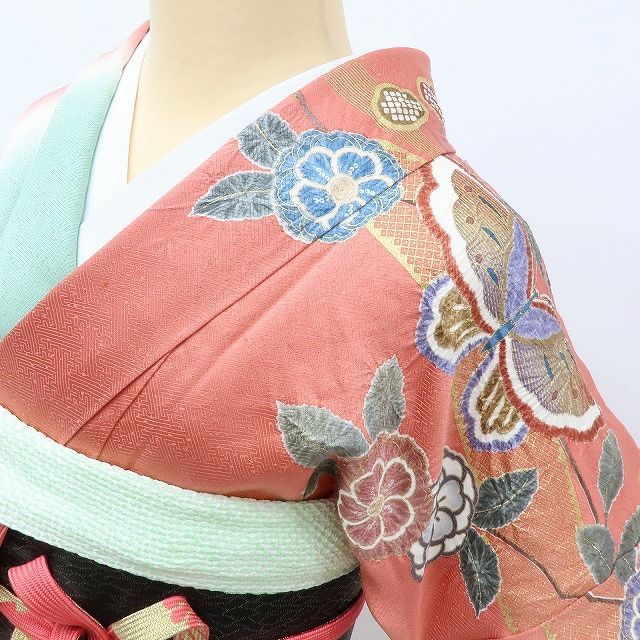 百華❀Y4031◇美品 正絹 作家物落款 絞り 手縫い仕立て 成人式 蝶 桜