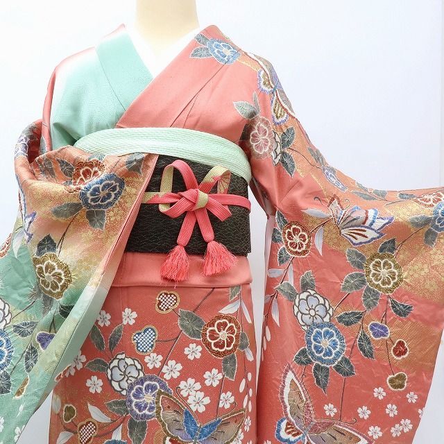 百華❀Y4031◇美品 正絹 作家物落款 絞り 手縫い仕立て 成人式 蝶 桜