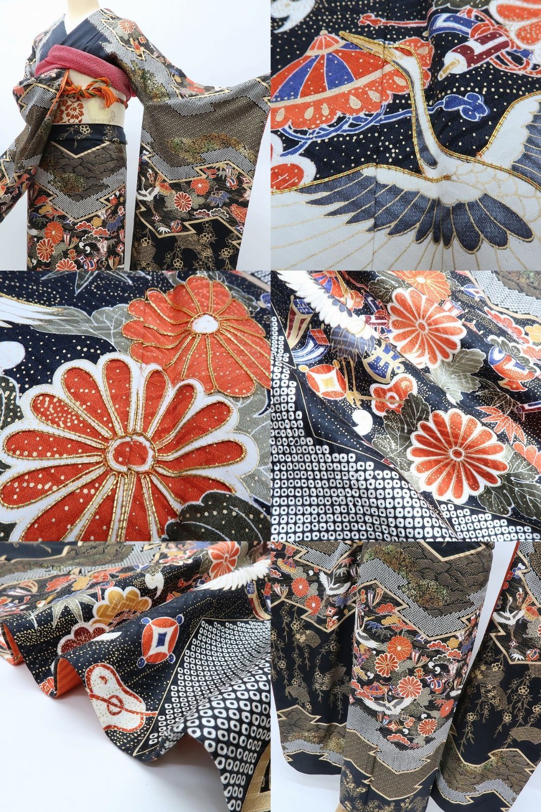 百華❀Y4032◇美品 正絹 金駒刺繡 宝尽くし 桜 鶴 松竹梅 手縫い仕立て