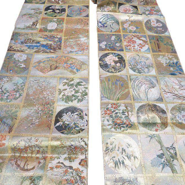 西陣あさぎ 近代花鳥画 袋帯 リス 鳥 動物 正絹 全通 H313 西陣あさぎ 近代花鳥画 袋帯 リス 鳥 動物 正絹 全通 H313