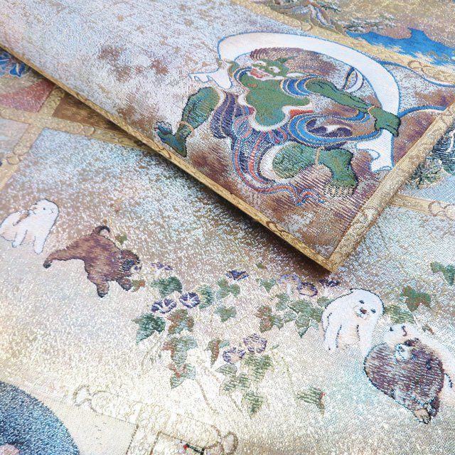 丸帯 未使用 正絹 仕立て上がり 両面全通 西陣 あさぎ プラチナ本金箔