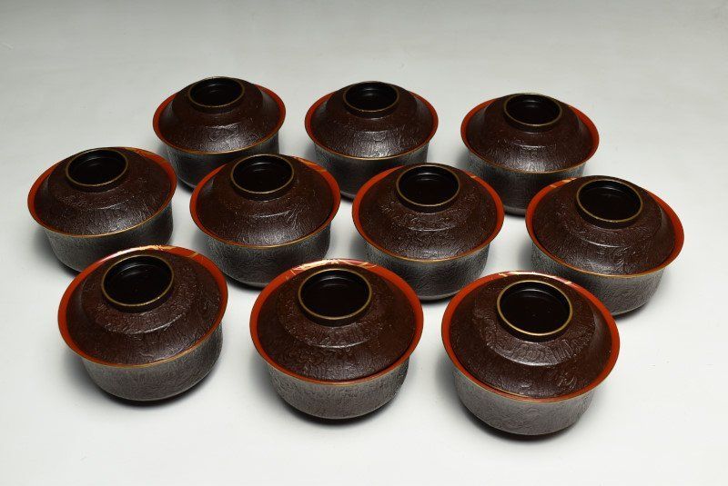 蔵C9638】木製 縁金内朱塗蒔絵鶴文 吸物椀 汁椀 十客 - メルカリ