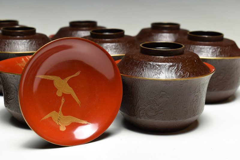 蔵C9638】木製 縁金内朱塗蒔絵鶴文 吸物椀 汁椀 十客 - メルカリ