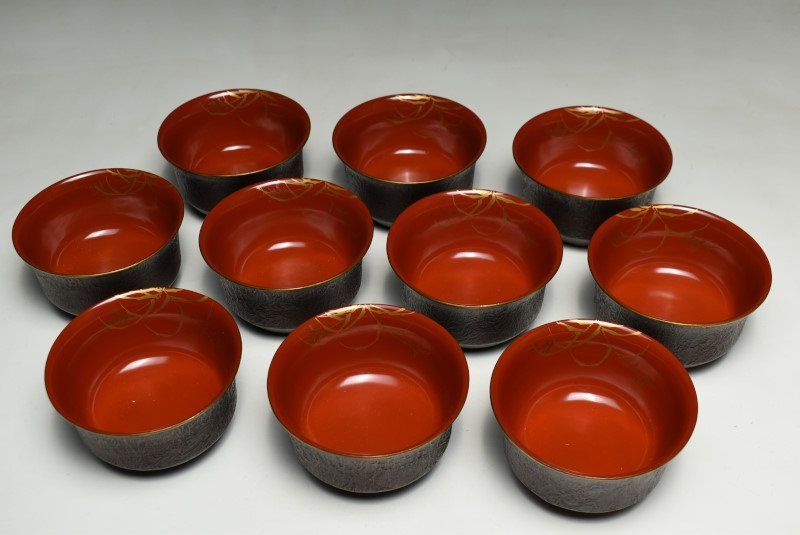 蔵C9638】木製 縁金内朱塗蒔絵鶴文 吸物椀 汁椀 十客 - メルカリ