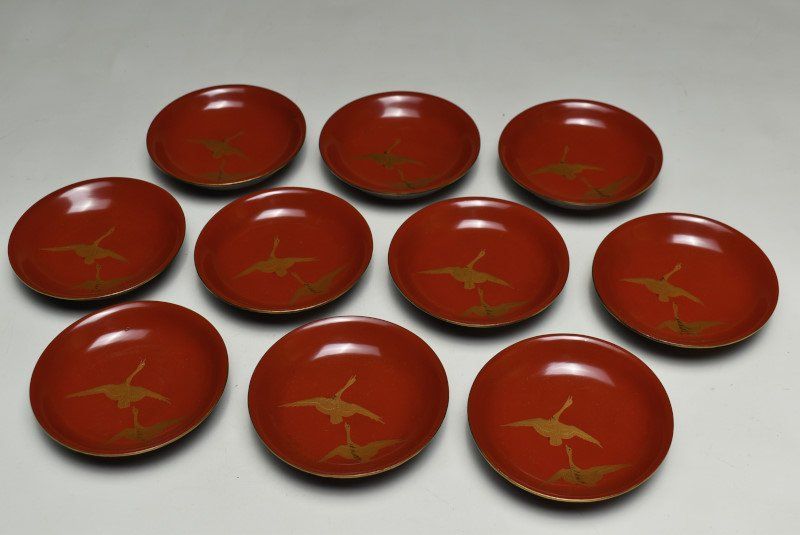 蔵C9638】木製 縁金内朱塗蒔絵鶴文 吸物椀 汁椀 十客 - メルカリ