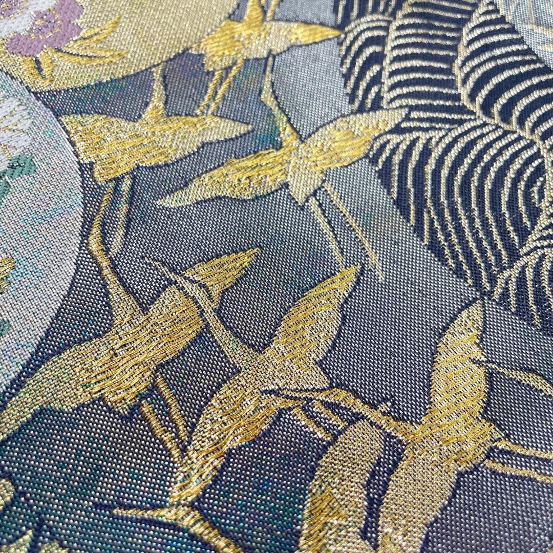 袋帯 西陣織 丸万織物謹製 正絹 金銀糸 波 群鶴 花丸紋 紺色 ゴールド シルバー 振袖 成人式 フォーマル着物 kimonolove リユース品 オゾン消臭サービス AO-0472 袋帯 帯 着物