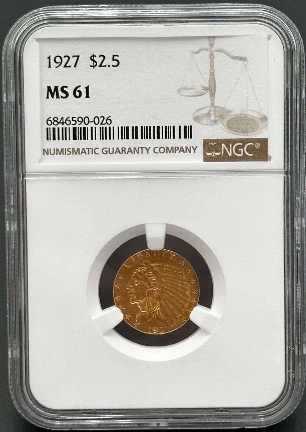 1927年 P $2.5 金インディアンヘッドクォーターイーグル NGC MS61
