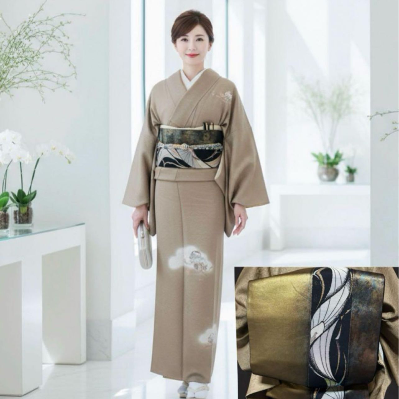 未使用近い 美品 袷 正絹 縮緬 友禅 訪問着 フルセット 西陣唐織漆箔