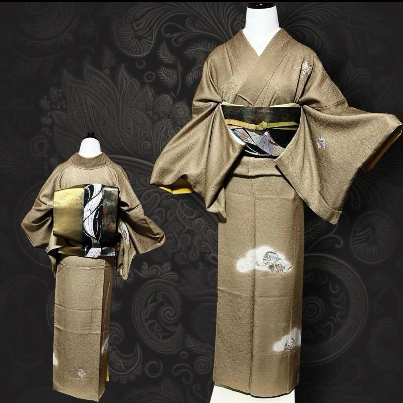 未使用近い　美品　袷　正絹　縮緬　紋付　色無地　フルセット　プラチナ箔帯 未使用近い 美品 袷 正絹 縮緬 紋付 色無地 フルセット プラチナ箔帯