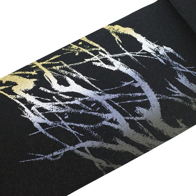 新古品】 袋帯 未使用 正絹 染め帯 染帯 手染め 銀通し 黒 木々のよう