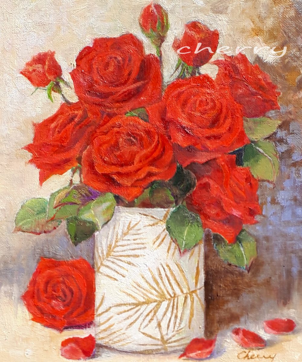 油絵（薔薇）ばら　Ｆ3 真柄修一「薔薇」油絵・F3号 絵画買取・販売の小竹美術