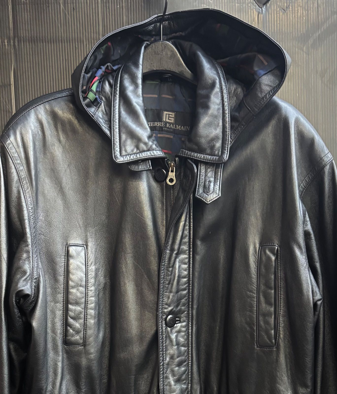 PIERRE BALMAIN ピエール バルマン ラムレザー コート 取外し フード付 ウエストドローコード ライナー 6217