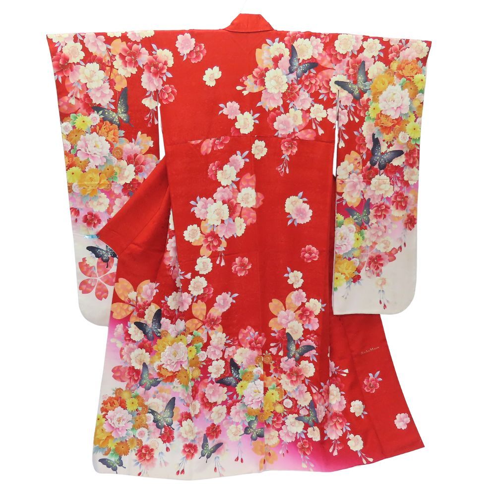中古 振袖 正絹(金銀糸除く) レッド ピンク ホワイト 成人式 花に蝶 重ね襟付き 和装 呉服 和服 きもの レディース 女性 中古】 振袖 正絹(金銀糸除く) レッド ピンク ホワイト 成人式 花に蝶