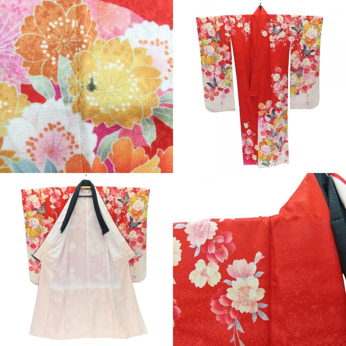 中古】 振袖 正絹(金銀糸除く) レッド ピンク ホワイト 成人式 花に蝶