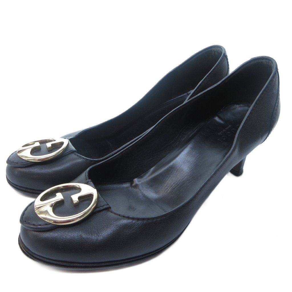 グッチ GUCCI GGロゴプレート レザー パンプス ラウンドトゥ ヒール 黒