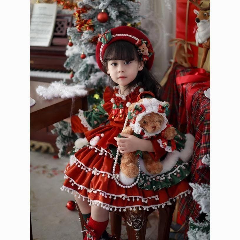 クリスマス女の子ドレスJ長袖ワンピース120衣装キッズ赤レッドかわいい子供フリル 即納】クリスマス女の子ドレスJ長袖ワンピース120 130 140 衣装キッズ