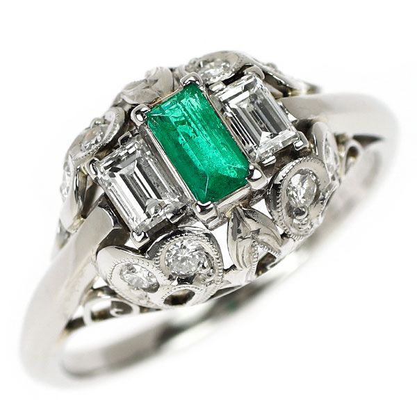 Pt900 エメラルド ダイヤモンド リング 0.23ct 0.32ct 0.17ct 陽刻