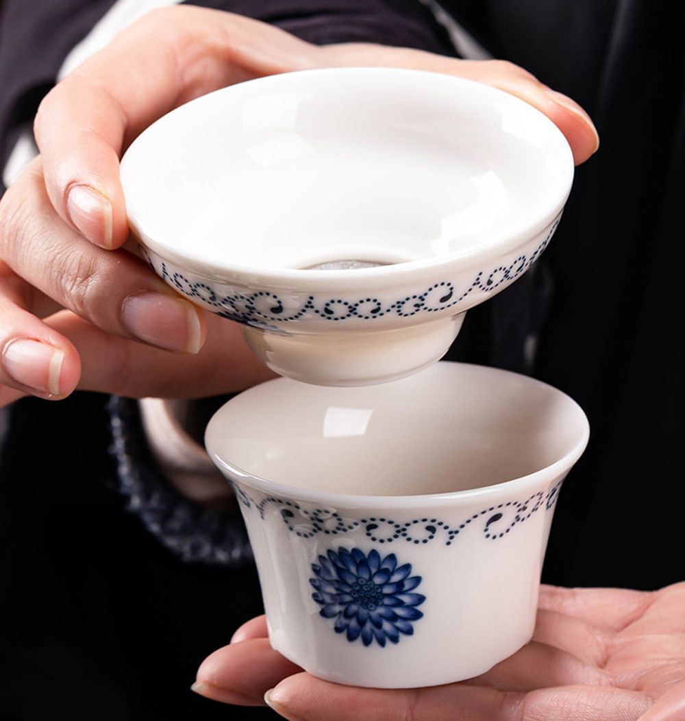 陶磁器 蓋碗 9点セット 透かし模様 茶色 玲瓏磁器 白磁 太陽花宝瓶