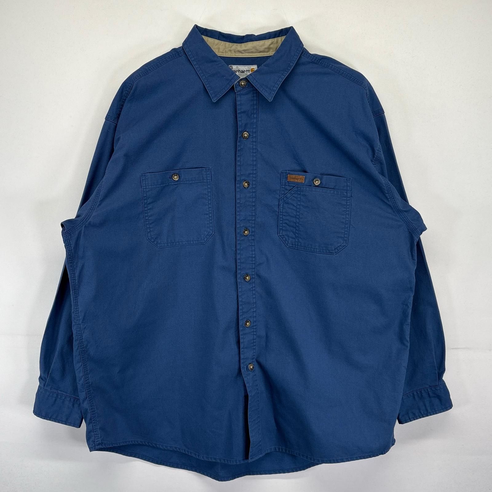 古着 カーハート Carhartt 長袖シャツ 大きいサイズ ワンポイントロゴ 胸ポケット ワークシャツ 厚手 2XL  ブルー系 メンズ