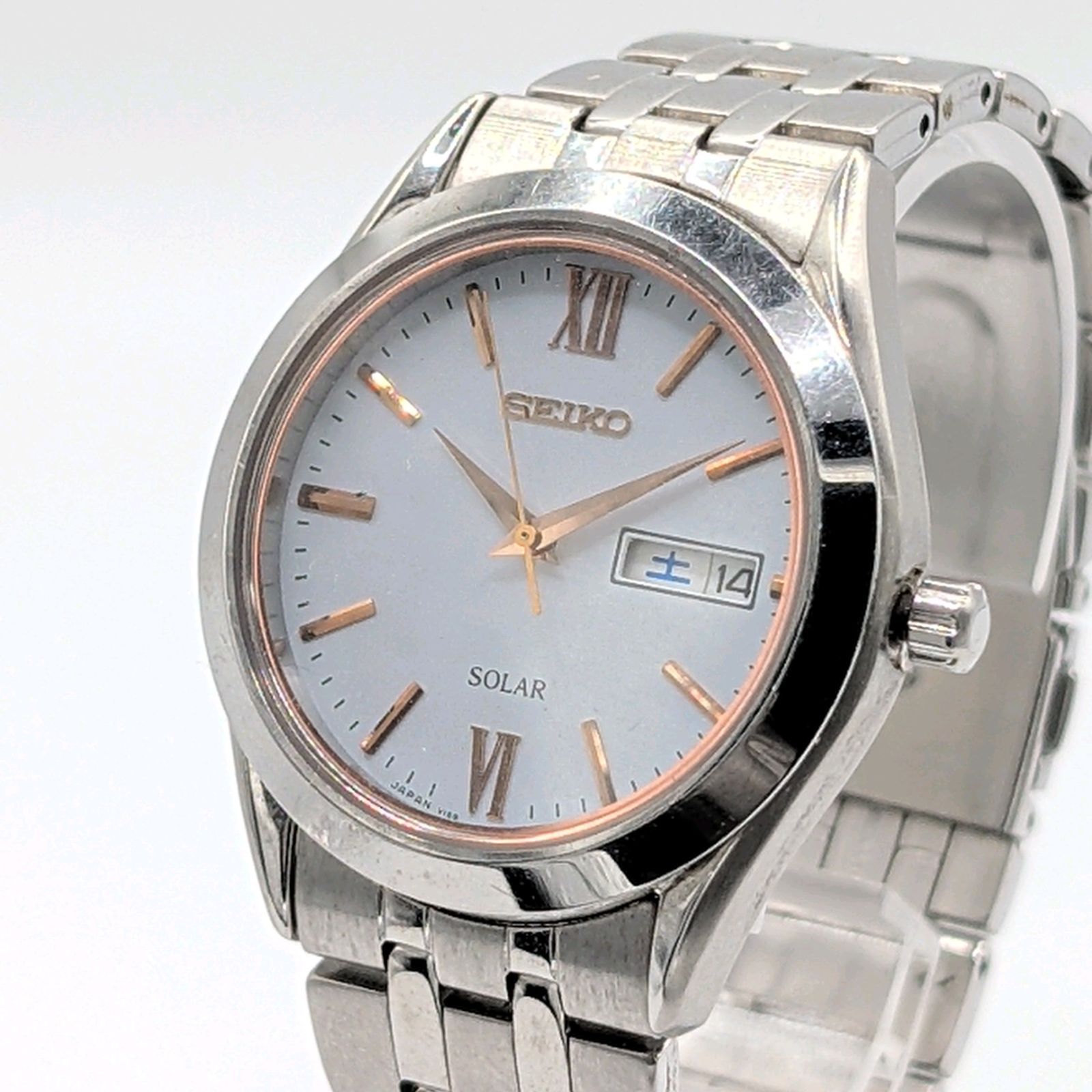 SEIKO V158-0BA0 Watch Men's Solar Round Gold Silver Combi Day-Date