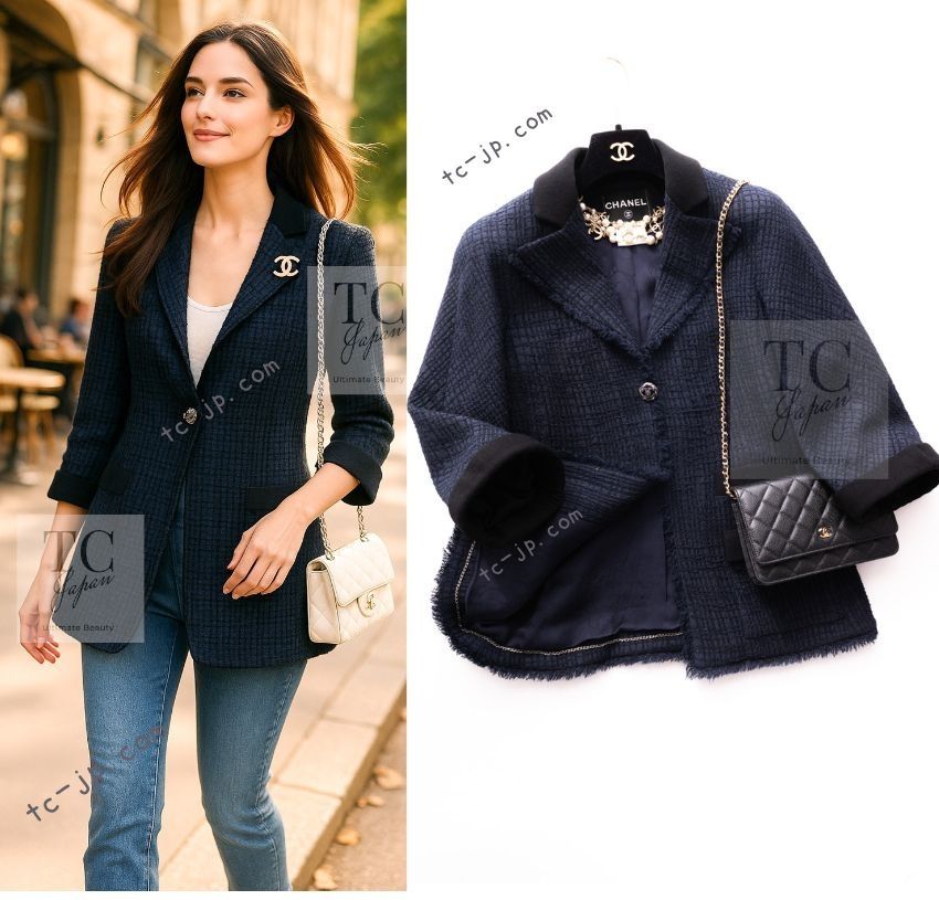 シャネル ジャケット CHANEL 61万 ネイビー ブラック ココボタン
